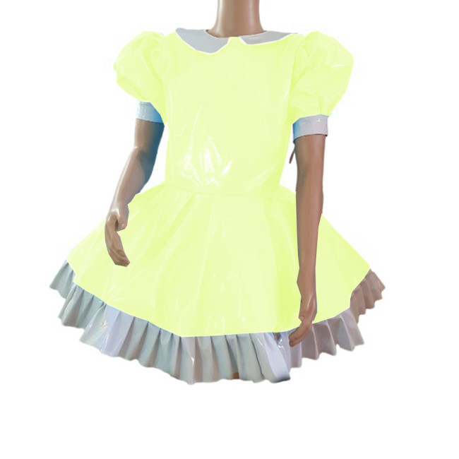 Cosplay Fetish Lolita Costume Patchwork Wetlook PVC Leather Doll Neck Puff Short Sleeve Dress Sexy Maid Mini Dresses Party Club