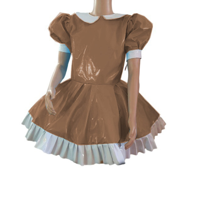 Cosplay Fetish Lolita Costume Patchwork Wetlook PVC Leather Doll Neck Puff Short Sleeve Dress Sexy Maid Mini Dresses Party Club