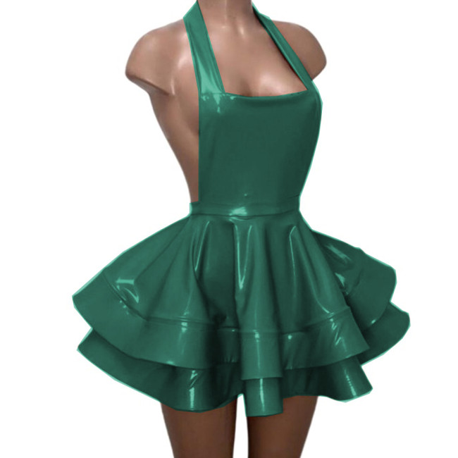 Sexy Backless Halter Sheath Double Layer Pleated Mini Dress Gloosy PVC Leather Vestidos Strapless Flare Skirt Dress Party Club