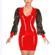 Vintage Lady V-neck Faux Latex Mini Dress See Through Long Puff Sleeve Patchwork Shiny PVC Bodycon Dress Nightclub Party Dress
