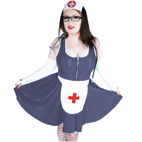 Cosplay Costume Nurse Dress PVC Leather Front Zip Tank Plated Mini Dress With Apron Nurse Uniform Sexy Club Party Dresses S-7XL