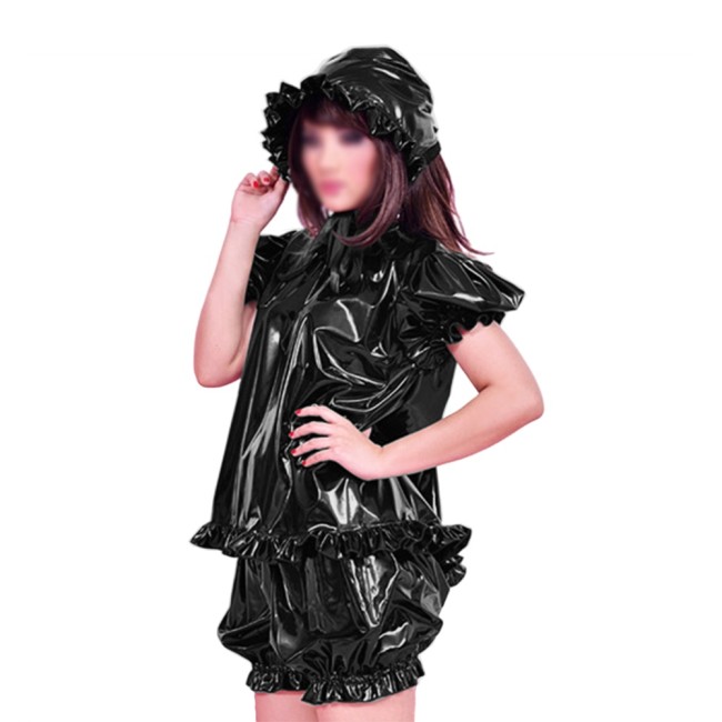 Shiny PVC Adult Lolita ABDL Baby Short Sets Exotic Ruffled Puff Sleeves Tops Large Baby Bonnet Elastic Bloomers Sexy Clubwear