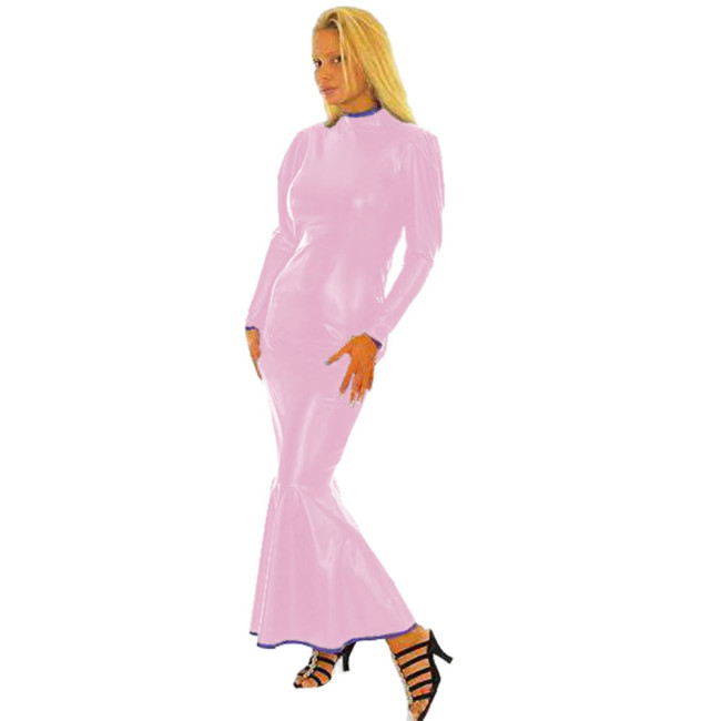 Retro Faux PVC Leather Mermaid Long Dress Women Elegtant Evening Gown Lady Turtleneck Long Puff Sleeve Bodycon Ruffle Prom Dress