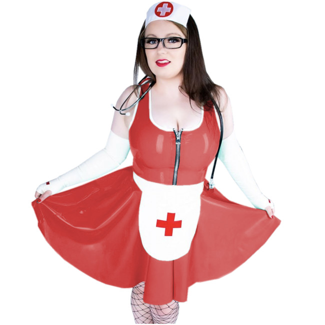Cosplay Costume Nurse Dress PVC Leather Front Zip Tank Plated Mini Dress With Apron Nurse Uniform Sexy Club Party Dresses S-7XL