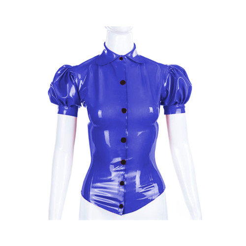 Fashion Puff Short Sleeve Slim Fit Shirt Glossy PVC Leather Exotic Button Down Shirts Lady Turn-down Collar Rave Bar Club Wear