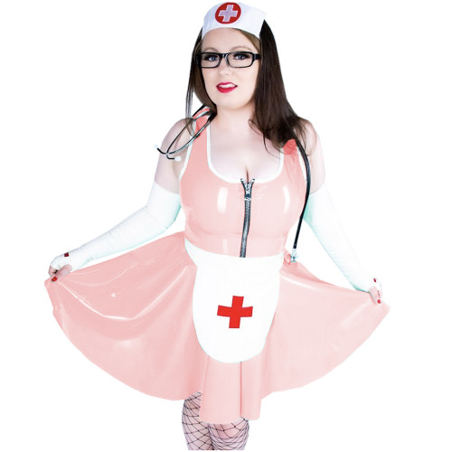 Cosplay Costume Nurse Dress PVC Leather Front Zip Tank Plated Mini Dress With Apron Nurse Uniform Sexy Club Party Dresses S-7XL