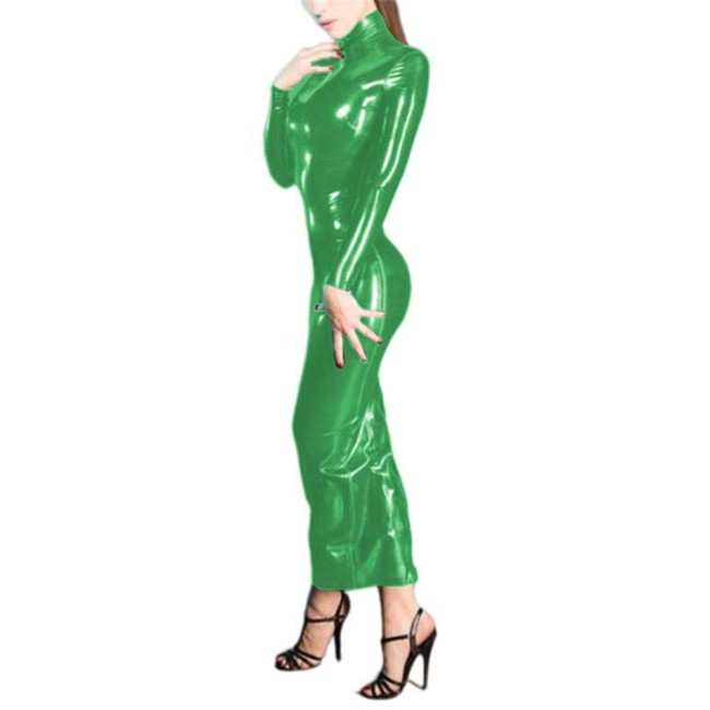 Women Sexy PVC Leather Bodycon Maxi Dress Vintage Turtleneck Long Sleeve Slim Maxi Dress Glossy Faux Latex Ankle Length Dresses