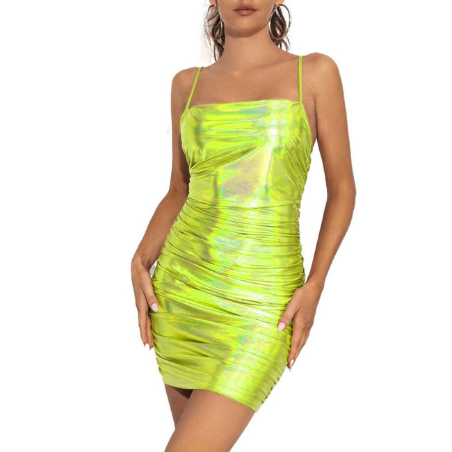 Holographic Laser Elegant Cami Sleeveless Strap Dress Metallic Bodycon Folded Mini Dress Evening Wedding Banquet  Vestidos S-7XL