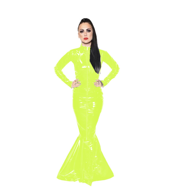 Sissy Sexy Faux Latex Floor Length Evening Dress Wet Look PVC Mermaid Dress Elegant Bodycon Long Sleeve Party Prom Club Dress