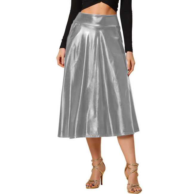Womens Female Shiny Metallic Midi Skirts Faux Leather Patent High Waist Flare Skirt Summer Nightclub Ruffle Skirts Sexy Clubwear