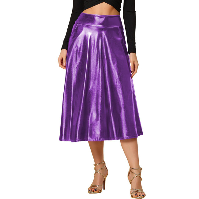 Womens Female Shiny Metallic Midi Skirts Faux Leather Patent High Waist Flare Skirt Summer Nightclub Ruffle Skirts Sexy Clubwear