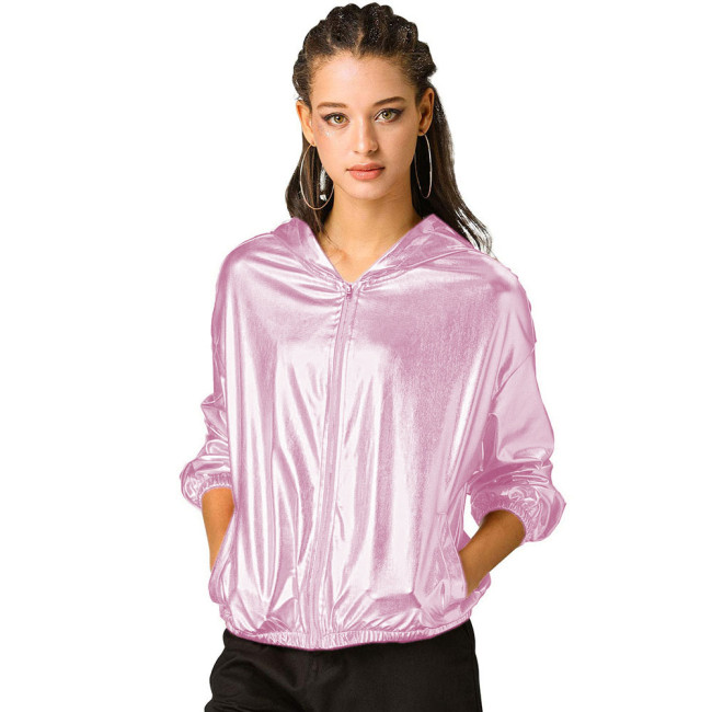 Fashion Casual Shiny Metallic Hoodies Jackets High Street Loose Long Sleeve Zip-up Sweatshirt Large Size Womens Coats Outerwear