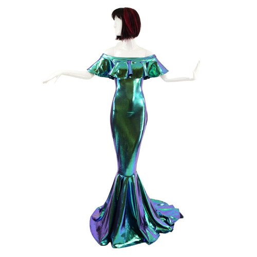 Sexy Off Shoulder Ruffle Evening Dress Women Hologram Laser Party Floor Length Mermaid Dress Maxi Shiny Prom Bodycon Long Dress