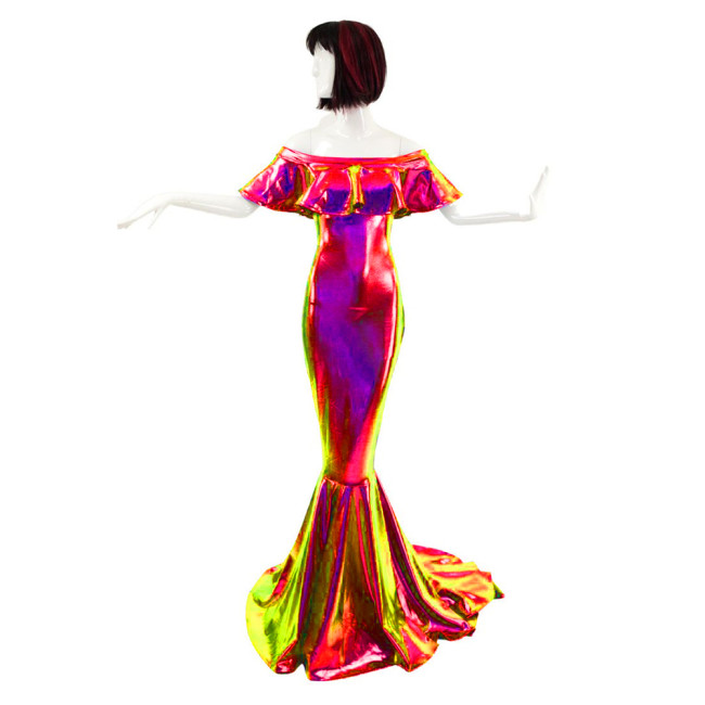 Sexy Off Shoulder Ruffle Evening Dress Women Hologram Laser Party Floor Length Mermaid Dress Maxi Shiny Prom Bodycon Long Dress