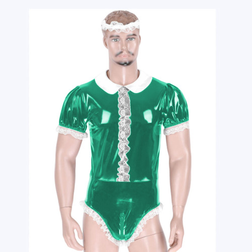 Mens Sissy Shiny PVC Lace Trims Bodysuit Adult Baby Wet Look Glossy Leather Short Sleeve Romper Maid Uniform for Halloween Party