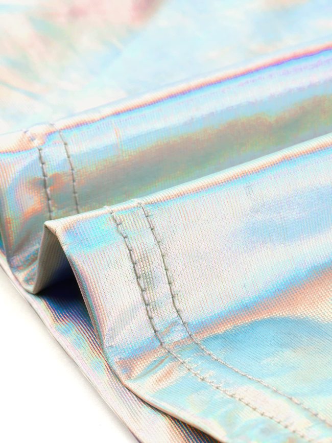 Shinny Women Metallic Short Sleeve Crop Top Hologram Laser O Neck Navel Crop Tops Shirts Party Night Club Hip Hop T-Shirt Tee