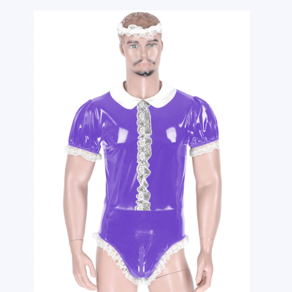 Mens Sissy Shiny PVC Lace Trims Bodysuit Adult Baby Wet Look Glossy Leather Short  Sleeve Romper