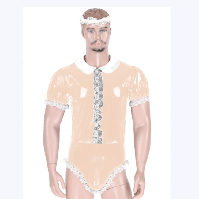 Mens Sissy Shiny PVC Lace Trims Bodysuit Adult Baby Wet Look Glossy Leather Short Sleeve Romper Maid Uniform for Halloween Party