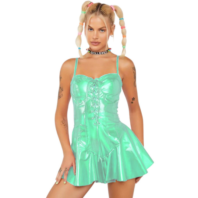 Sexy Shiny Laser Women Skinny Bustier Front Lace-up Slim Sexy Camis Holographic Pleated A-line Mini Dress Party Clubwear S-7XL