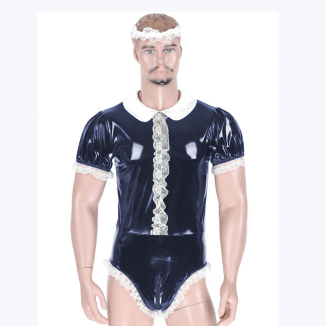 Mens Sissy Shiny PVC Lace Trims Bodysuit Adult Baby Wet Look Glossy Leather Short Sleeve Romper Maid Uniform for Halloween Party