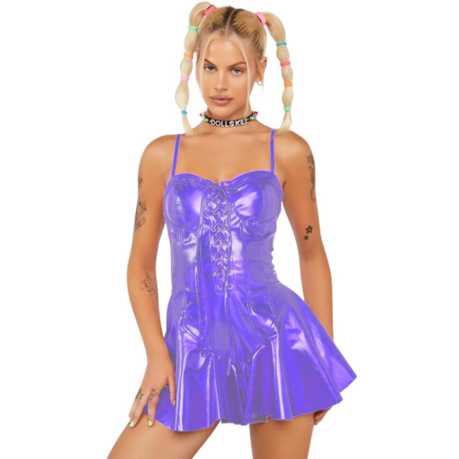 Sexy Shiny Laser Women Skinny Bustier Front Lace-up Slim Sexy Camis Holographic Pleated A-line Mini Dress Party Clubwear S-7XL