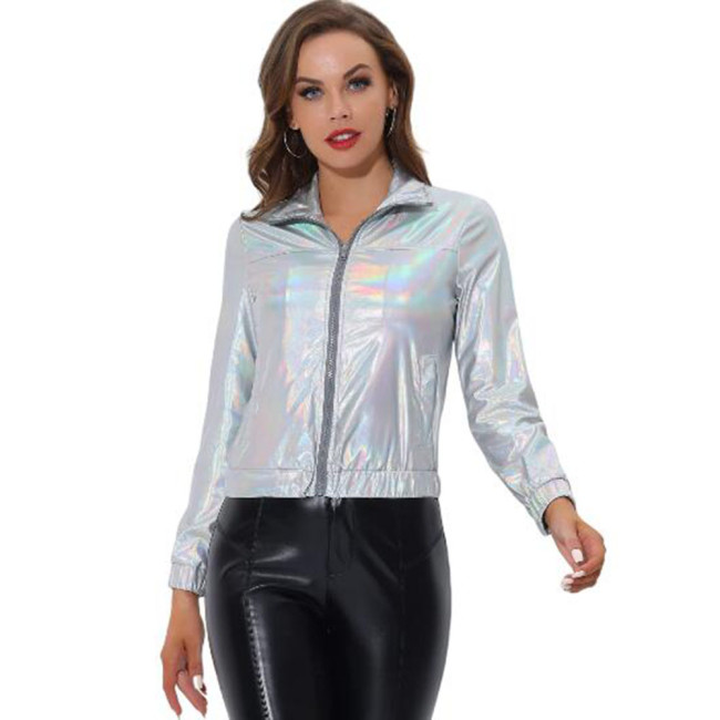 Women Shiny Holographic Laser Coats Long Sleeve Jakcet  Elastic Hem Jackets Sexy Club Zip Clothes  Winter Coats Nightwear S-7XL