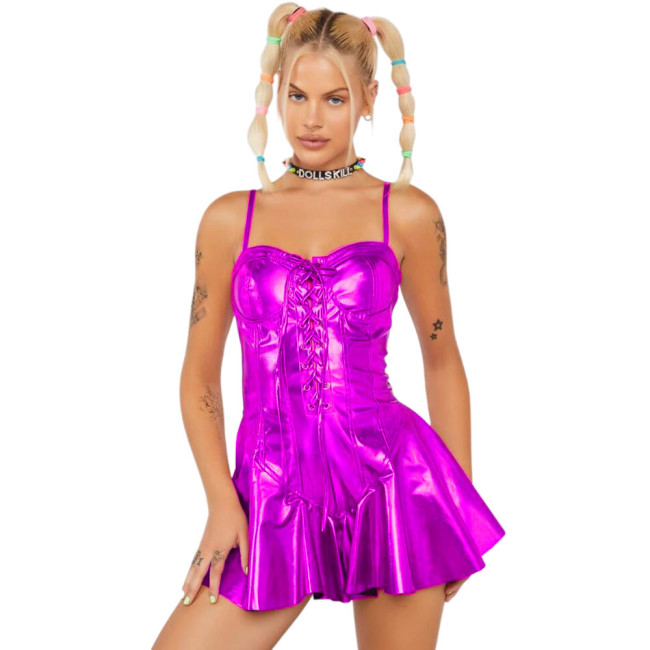 Sexy Shiny Laser Women Skinny Bustier Front Lace-up Slim Sexy Camis Holographic Pleated A-line Mini Dress Party Clubwear S-7XL