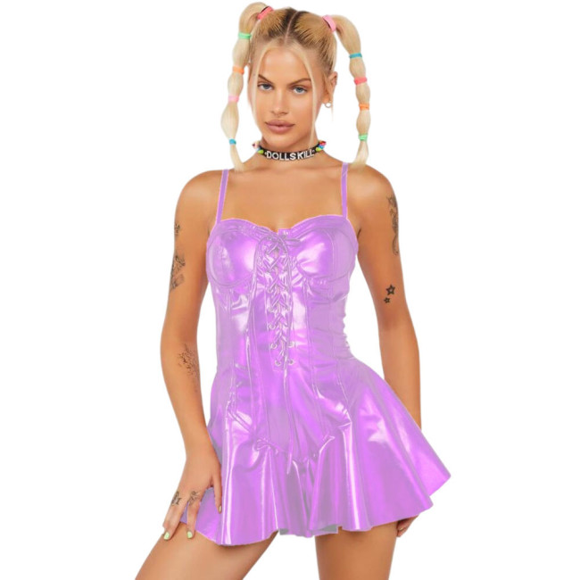 Sexy Shiny Laser Women Skinny Bustier Front Lace-up Slim Sexy Camis Holographic Pleated A-line Mini Dress Party Clubwear S-7XL