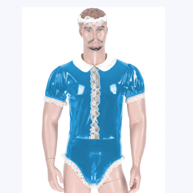 Mens Sissy Shiny PVC Lace Trims Bodysuit Adult Baby Wet Look Glossy Leather Short Sleeve Romper Maid Uniform for Halloween Party
