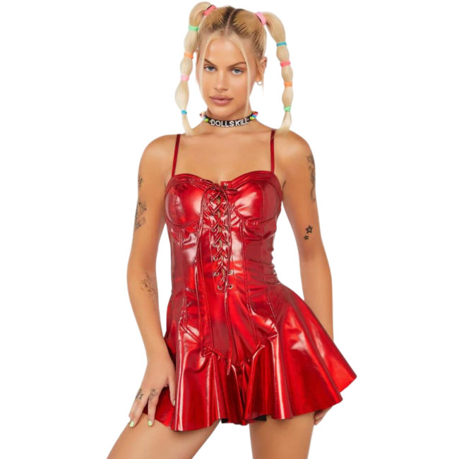 Sexy Shiny Laser Women Skinny Bustier Front Lace-up Slim Sexy Camis Holographic Pleated A-line Mini Dress Party Clubwear S-7XL