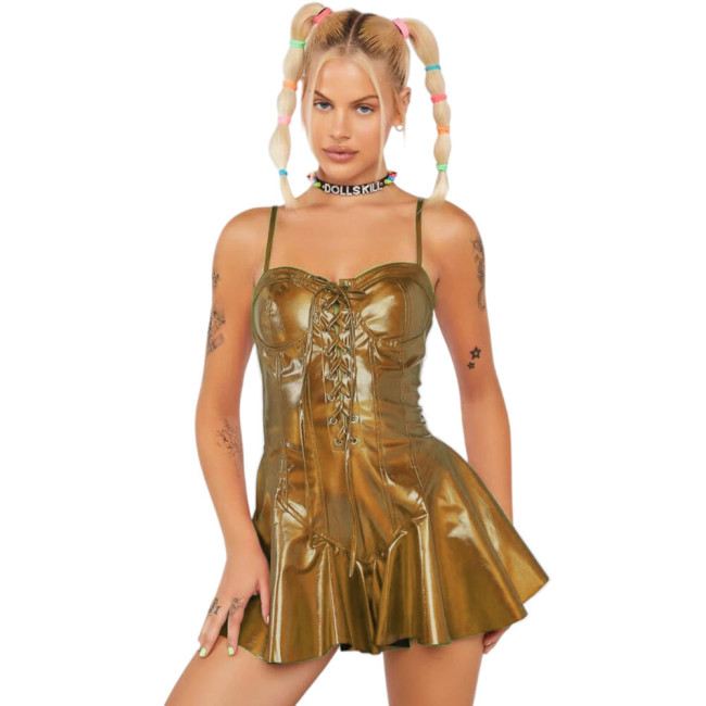 Sexy Shiny Laser Women Skinny Bustier Front Lace-up Slim Sexy Camis Holographic Pleated A-line Mini Dress Party Clubwear S-7XL