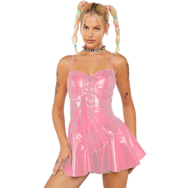 Sexy Shiny Laser Women Skinny Bustier Front Lace-up Slim Sexy Camis Holographic Pleated A-line Mini Dress Party Clubwear S-7XL