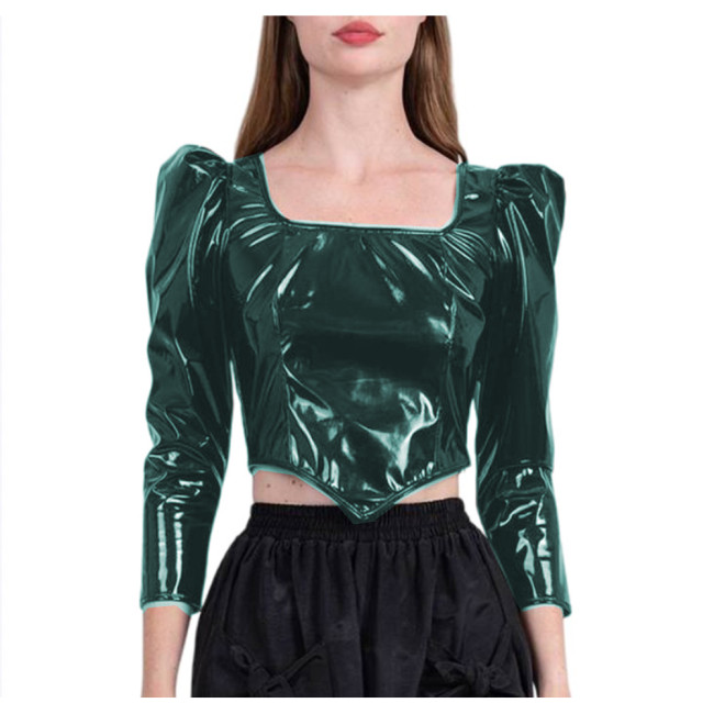 Wetlook PVC Leather Long Sleeve Dirndl Tops Women Square Neck Sexy Puff Sleeve Cropped Top Doublet Shirt Sexy Club Cute Tops 7XL