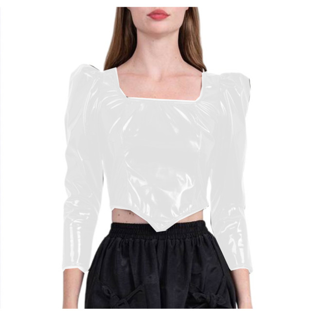 Wetlook PVC Leather Long Sleeve Dirndl Tops Women Square Neck Sexy Puff Sleeve Cropped Top Doublet Shirt Sexy Club Cute Tops 7XL