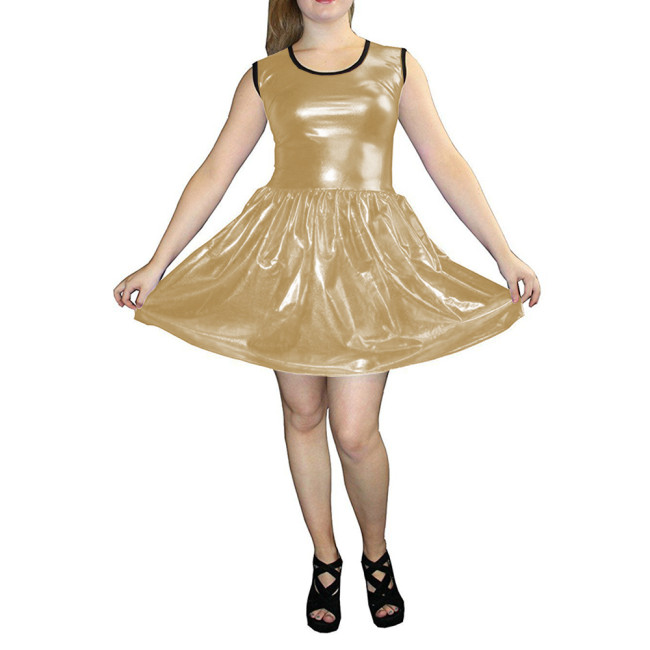 Womens Shiny Metallic Mini Swing Dress Summer Wet Look Patent Leather Sleeveless Crew Neck A-line Dress Music Rock Party Ourfits