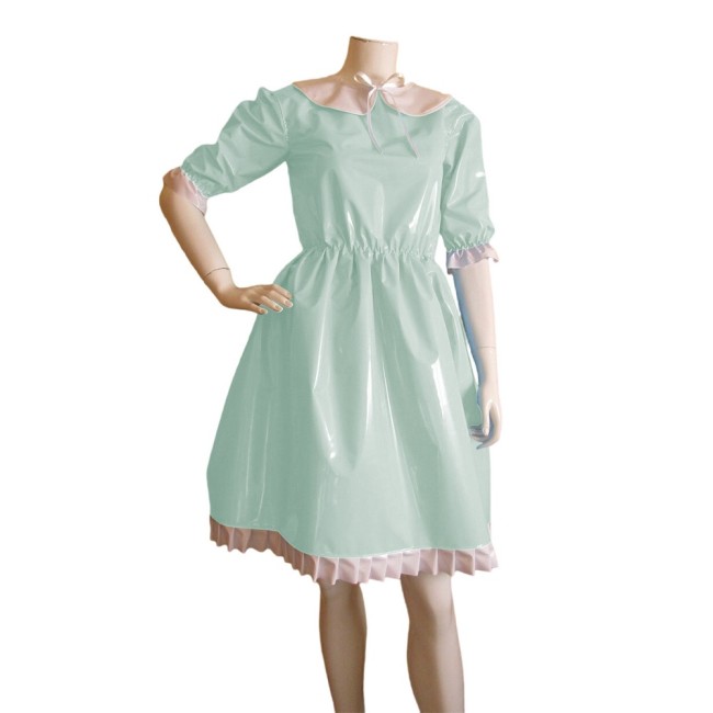 Preppy Peter Pan Collar Shiny PVC Prom Dress Fashion Simple Lolita Dress Half-sleeve Knee Length Glossy Leather Ruffle Dress