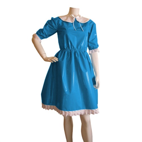 Preppy Peter Pan Collar Shiny PVC Prom Dress Fashion Simple Lolita Dress Half-sleeve Knee Length Glossy Leather Ruffle Dress