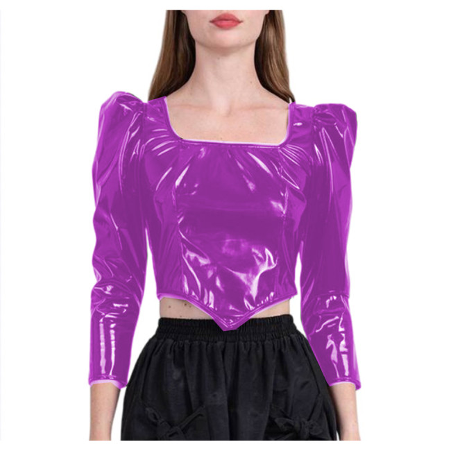 Wetlook PVC Leather Long Sleeve Dirndl Tops Women Square Neck Sexy Puff Sleeve Cropped Top Doublet Shirt Sexy Club Cute Tops 7XL