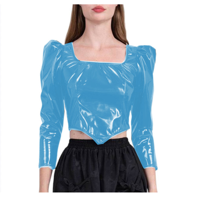 Wetlook PVC Leather Long Sleeve Dirndl Tops Women Square Neck Sexy Puff Sleeve Cropped Top Doublet Shirt Sexy Club Cute Tops 7XL