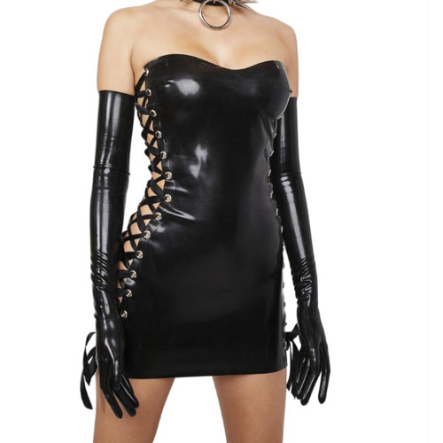 Fascinating Wetlook PU Leather Sissy Hobble Lace-up Hollow Strapless Sheath Dress Bodycon Mini Dress with Gloves Club Party 7XL