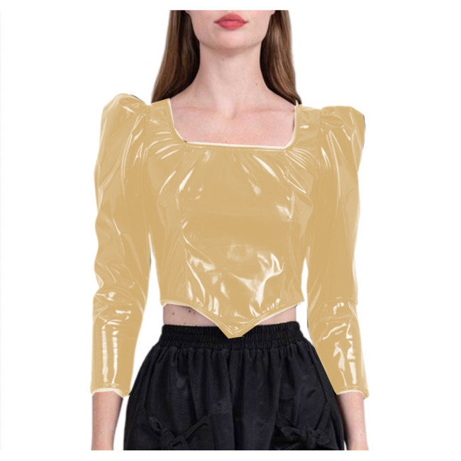 Wetlook PVC Leather Long Sleeve Dirndl Tops Women Square Neck Sexy Puff Sleeve Cropped Top Doublet Shirt Sexy Club Cute Tops 7XL