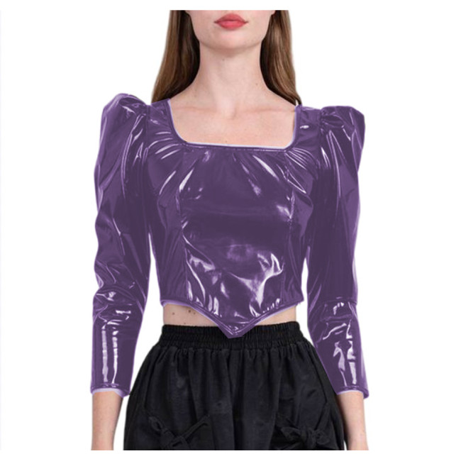 Wetlook PVC Leather Long Sleeve Dirndl Tops Women Square Neck Sexy Puff Sleeve Cropped Top Doublet Shirt Sexy Club Cute Tops 7XL