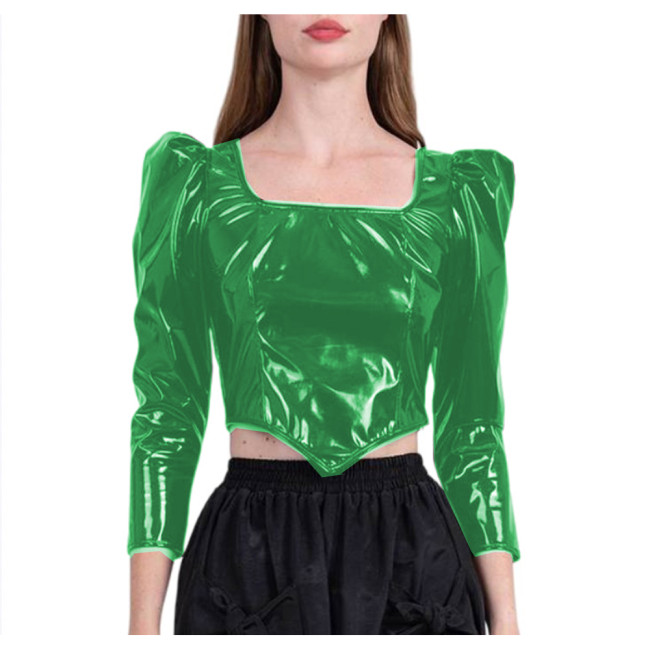 Wetlook PVC Leather Long Sleeve Dirndl Tops Women Square Neck Sexy Puff Sleeve Cropped Top Doublet Shirt Sexy Club Cute Tops 7XL