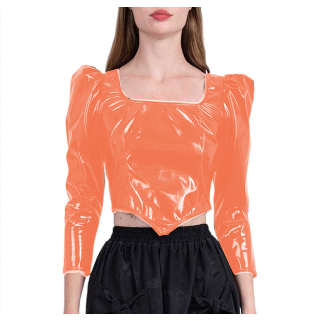 Wetlook PVC Leather Long Sleeve Dirndl Tops Women Square Neck Sexy Puff Sleeve Cropped Top Doublet Shirt Sexy Club Cute Tops 7XL