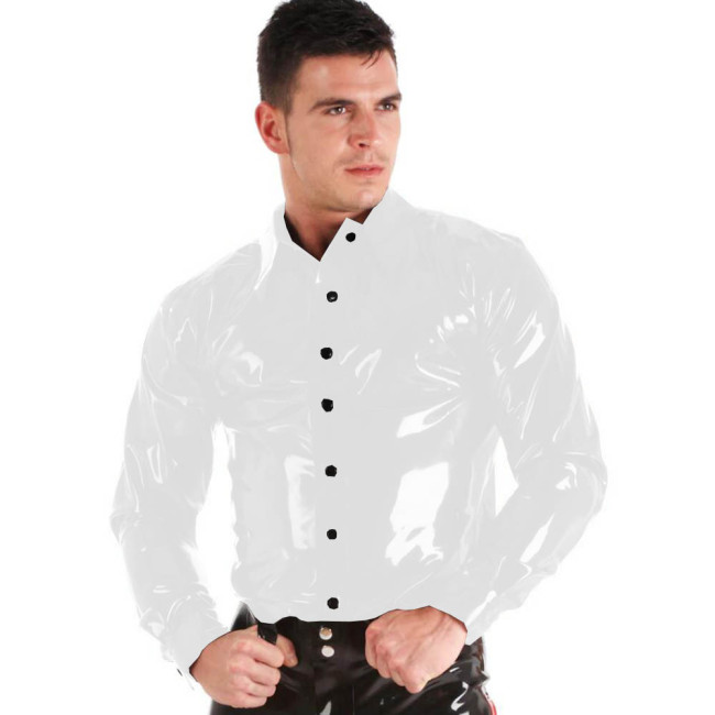 Mens Glossy PVC Leather Shirt Top Long Sleeve Spread Collar Shirt Wet Look Faux Latex Button-up Shirt Party Bar Clubwear Costume