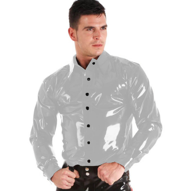 Mens Glossy PVC Leather Shirt Top Long Sleeve Spread Collar Shirt Wet Look Faux Latex Button-up Shirt Party Bar Clubwear Costume