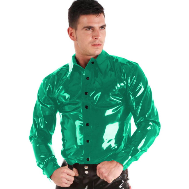 Mens Glossy PVC Leather Shirt Top Long Sleeve Spread Collar Shirt Wet Look Faux Latex Button-up Shirt Party Bar Clubwear Costume