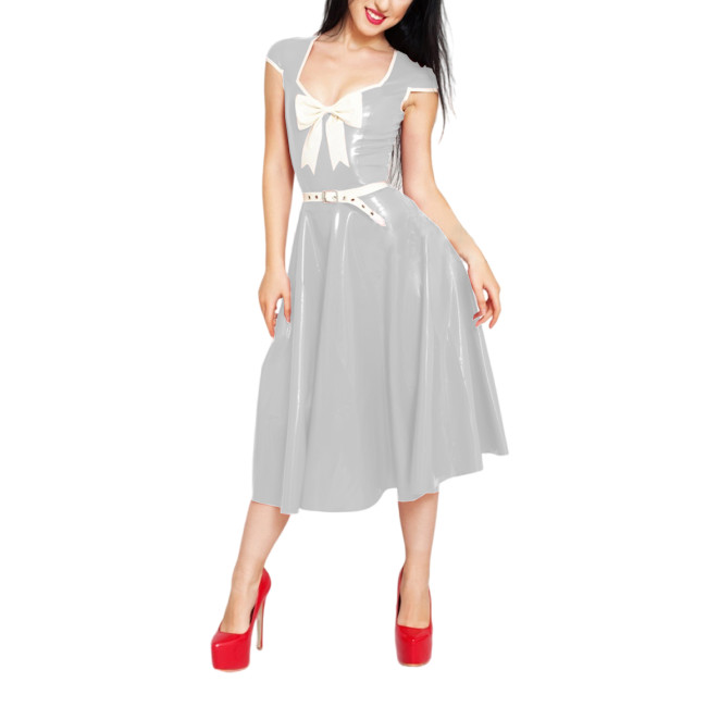 Glossy PVC Sweetheart Neck A-line Midi Dress with Belt Elegant Lady Short Sleeve Fit and Flared Dress Sexy Female Vintage Dress