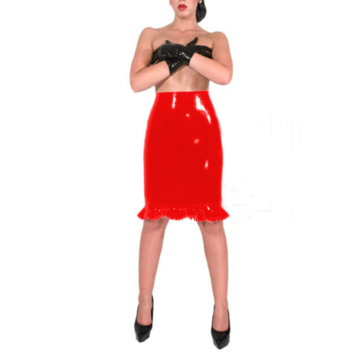 Sexy Women High Waist Frills Skirt Bodycon Knee-Length Ruffled Shiny PVC Skirt Nighclub Hot Glirs Stretch Skinny Pencil Skirts