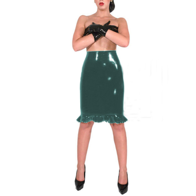 Sexy Women High Waist Frills Skirt Bodycon Knee-Length Ruffled Shiny PVC Skirt Nighclub Hot Glirs Stretch Skinny Pencil Skirts